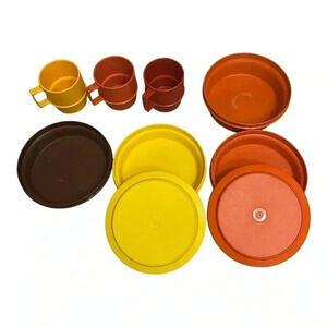 Tupperware Vintage 9 Pieces Mix and Match Set Orange Brown Yellow Made in USA